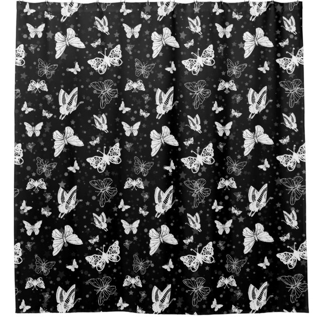 Schwarz-weißes Butterfly-Illustrations-Muster Duschvorhang (Vorderseite)