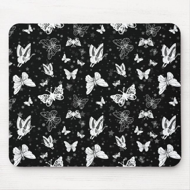 Schwarz-weißes Butterfly-Illustrations-Muster Mousepad (Vorne)