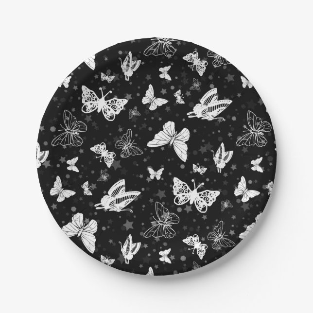Schwarz-weißes Butterfly-Illustrations-Muster Pappteller (Vorderseite)