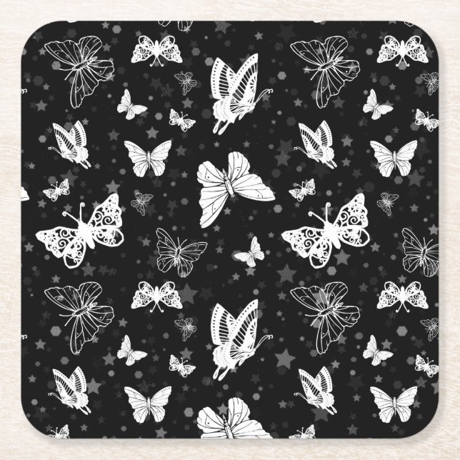 Schwarz-weißes Butterfly-Illustrations-Muster Rechteckiger Pappuntersetzer (Vorderseite)
