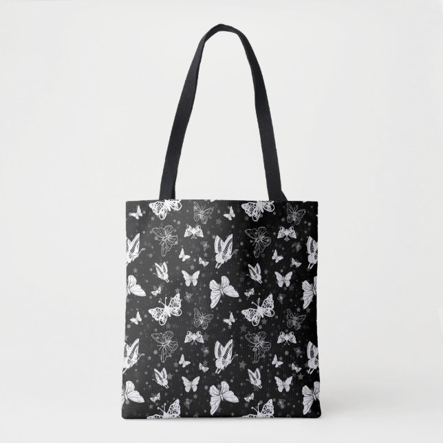 Schwarz-weißes Butterfly-Illustrations-Muster Tasche (Vorderseite)