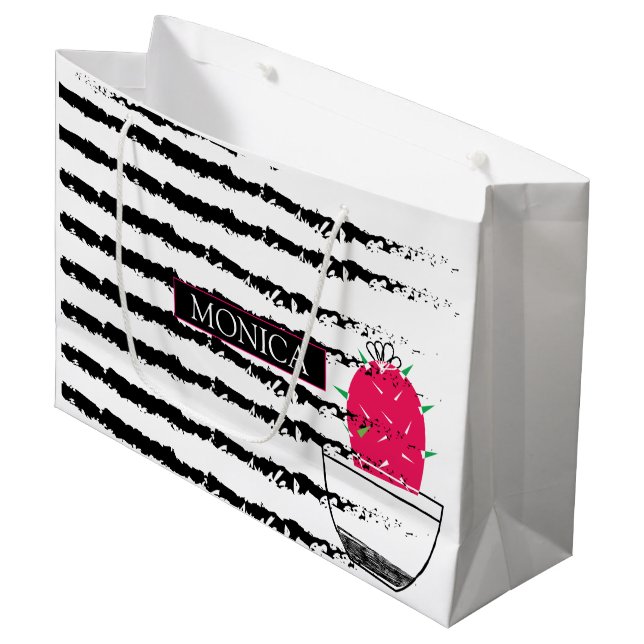Schwarz-weißes Cactus muster monogram Große Geschenktüte (Vorderseite Schrägansicht)