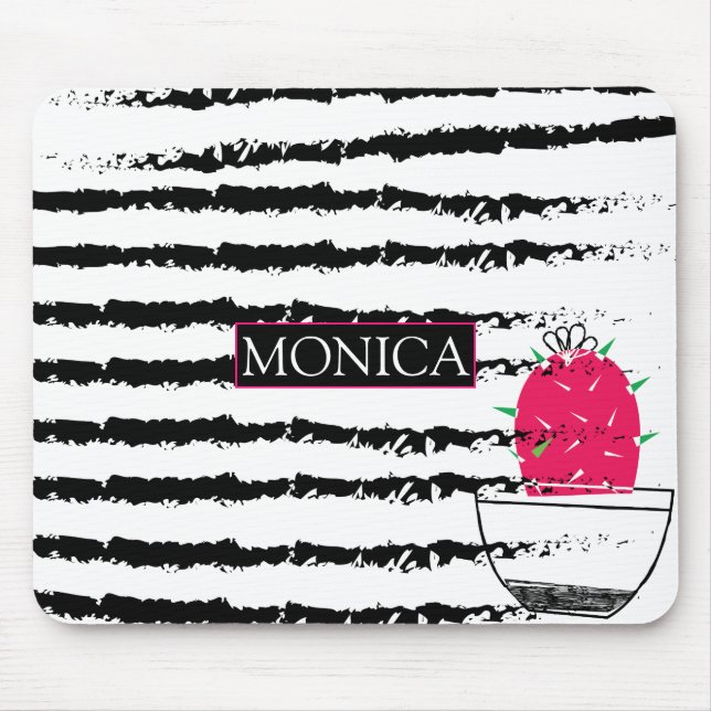 Schwarz-weißes Cactus muster monogram Mousepad (Vorne)