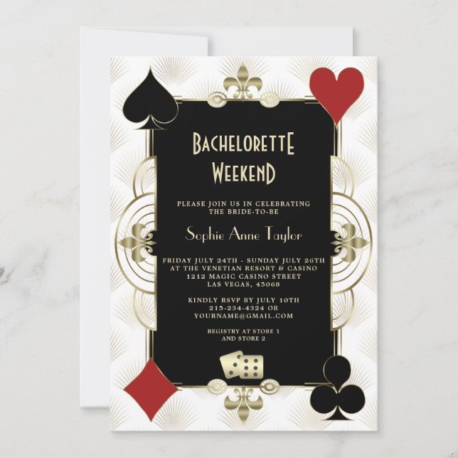 Schwarz-weißes Casino Bacheloretto Einladung (Vorderseite)