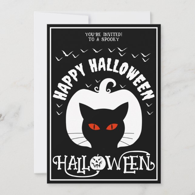 Schwarz-weißes Cat Happy Halloween Kostüm Party Einladung (Vorderseite)