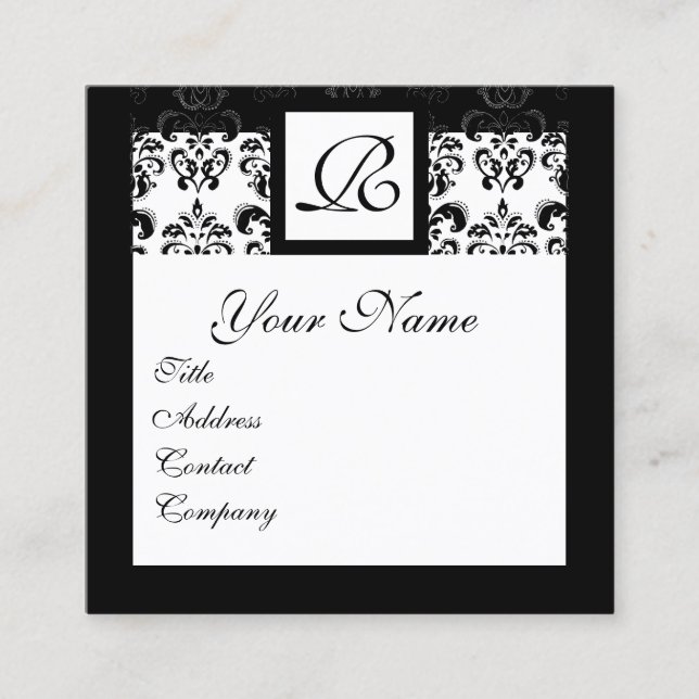 SCHWARZ-WEISSES CLASSIC DAMASK SQUARE MONOGRAMM QUADRATISCHE VISITENKARTE (Vorderseite)