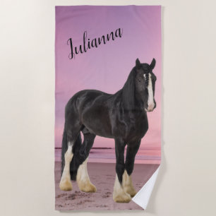 Schwarz-weißes Clydesdale-Pferd am Strand bei Sonn Strandtuch