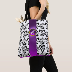Schwarz-weißes DAMASK-FLORAL, LILA GEM-MONOGRAMM Tasche