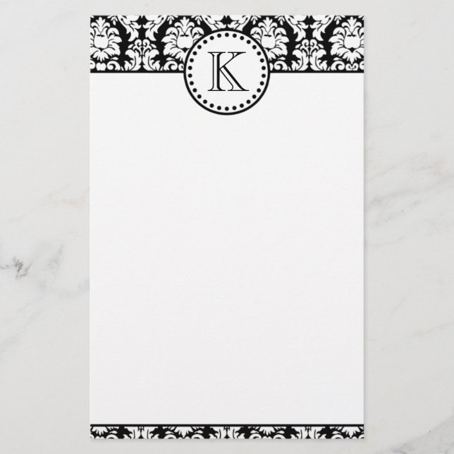Schwarz-weißes Damaskusmuster Monogramm Briefpapier (Vorderseite)