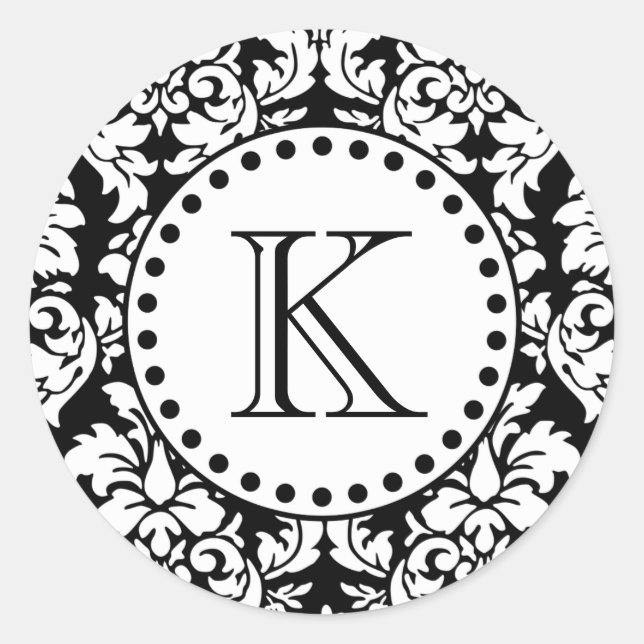 Schwarz-weißes Damaskusmuster Monogramm Runder Aufkleber (Vorderseite)