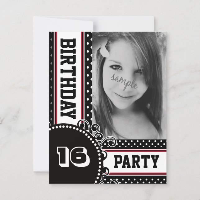 Schwarz-weißes das Party-Foto des roten Einladung (Vorderseite)