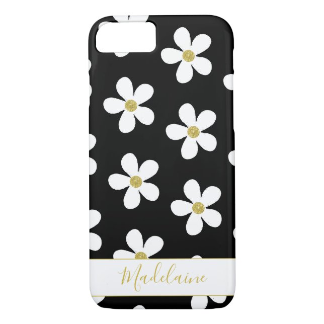 Schwarz-weißes Einfaches Daisy-Muster Gold Persona Case-Mate iPhone Hülle (Rückseite)