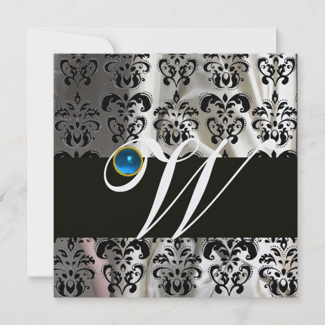 SCHWARZ-WEISSES EISSILK DAMASK MONOGRAM BLAUE SAPP EINLADUNG (Vorderseite)