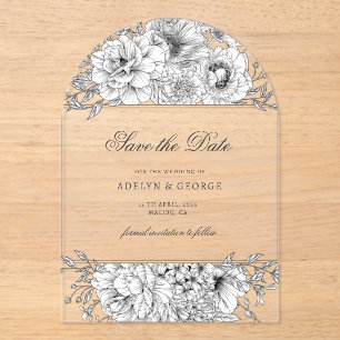 Schwarz-weißes Elegantes Floral Save the Date Acryleinladungen