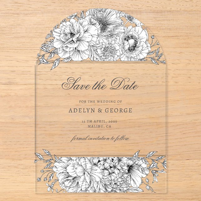 Schwarz-weißes Elegantes Floral Save the Date Acryleinladungen (Vorderseite)