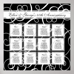 Schwarz-weißes elegantes Party 12 Tabelle Sitzdiag Poster