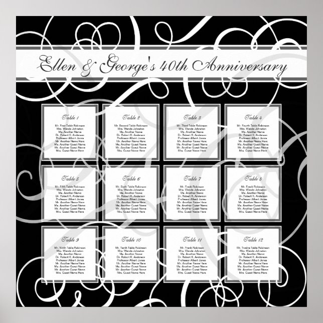 Schwarz-weißes elegantes Party 12 Tabelle Sitzdiag Poster (Vorne)