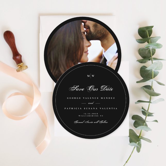 Schwarz-weißes elegantes Round-Foto Save the Date Einladung (Von Creator hochgeladen)