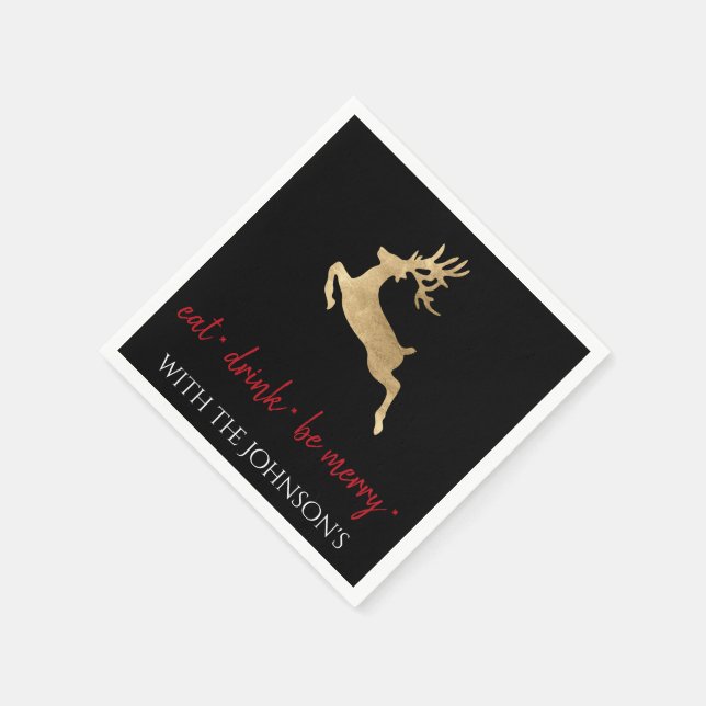 Schwarz-weißes Essen Drink sei Merry Red Gold Deer Serviette (Ecke)