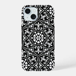 Schwarz-weißes fleur de lis Blumenmuster iPhone 15 Hülle
