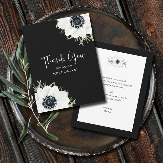 Schwarz-weißes florales Brautparty Dankeskarte (Black and White Anemones Floral Flat Thank You Cards - 4.25" x 5.5")