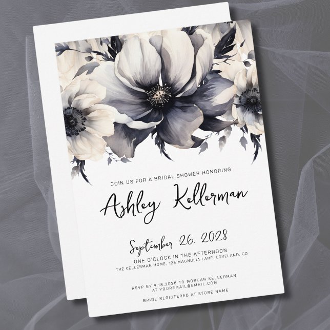 Schwarz-weißes florales Brautparty Einladung (Elegant Modern Floral Black White Bridal Shower Invitation)