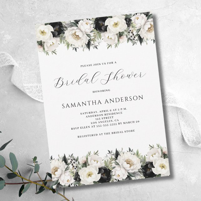 Schwarz-weißes florales Brautparty Einladung (Von Creator hochgeladen)