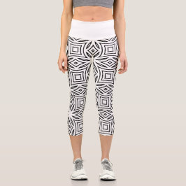 Schwarz-weißes florales geometrisches Muster Capri Leggings