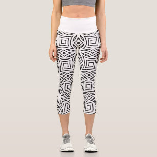 Schwarz-weißes florales geometrisches Muster Capri Leggings
