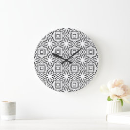 Schwarz-weißes florales geometrisches Muster Große Wanduhr