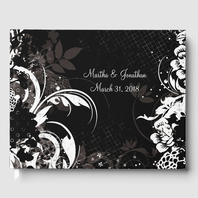 Schwarz-weißes florales Wedding Bridal Gästebuch (Vorderseite)
