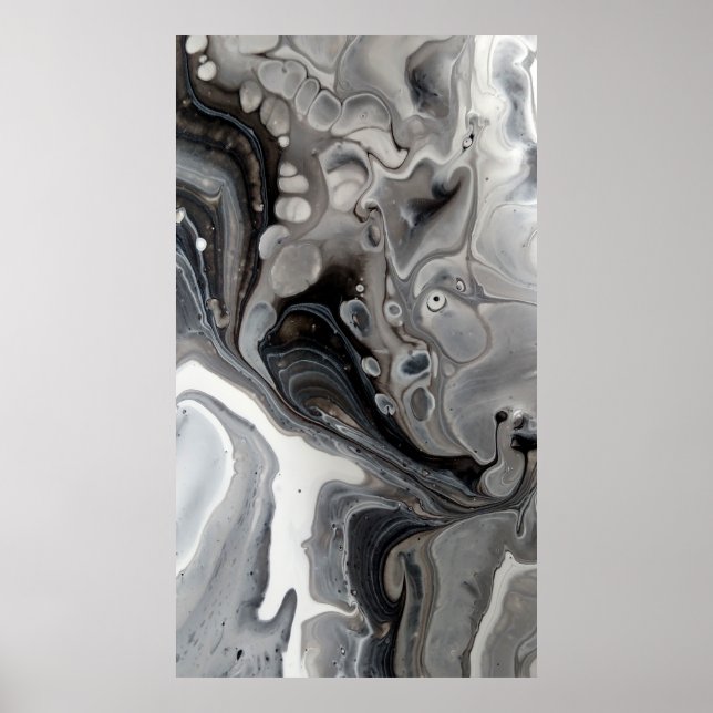 Schwarz-weißes Fluid Abstrakt Grau Silber Poster (Vorne)