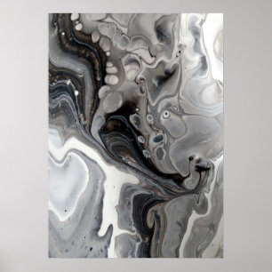Schwarz-weißes Fluid Abstrakt Grau Silber Poster