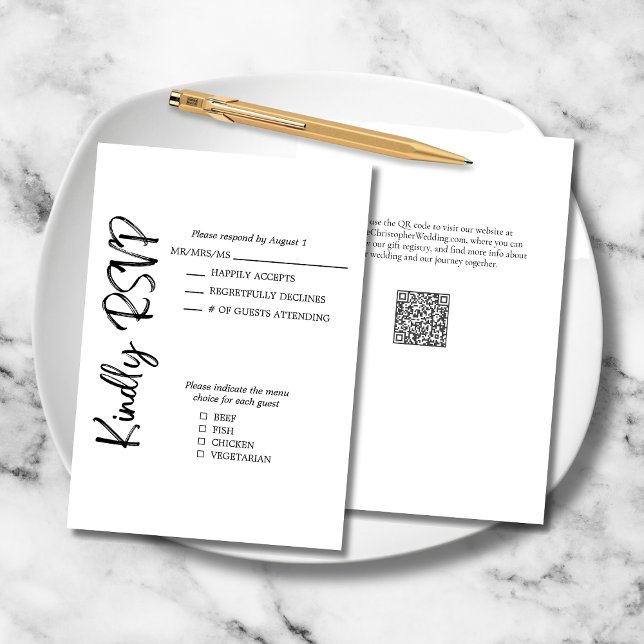 Schwarz-weißes formales, fettformatiertes SkriptWe RSVP Karte (Black White Formal Wedding RSVP Card with Vertical Script, Menu Choices, QR Code, Website.)