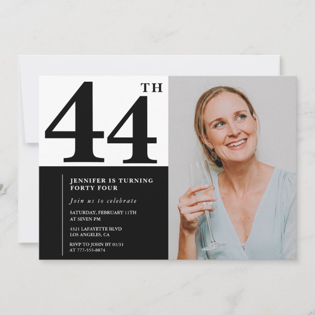 Schwarz-weißes Foto 44. Geburtstag Einladungen (Vorderseite)