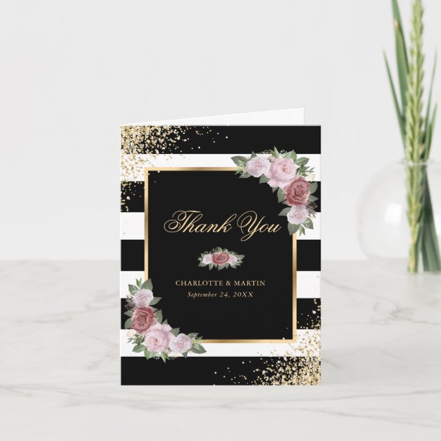 Schwarz-weißes Foto für Hochzeiten in Rosa Dankeskarte (Vorderseite)