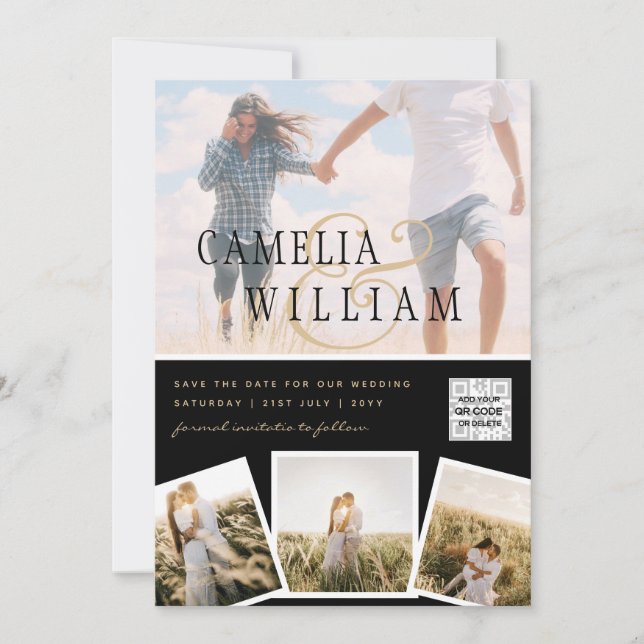 Schwarz-weißes FOTO Hochzeit Einladung QR CODE Ret (Vorderseite)