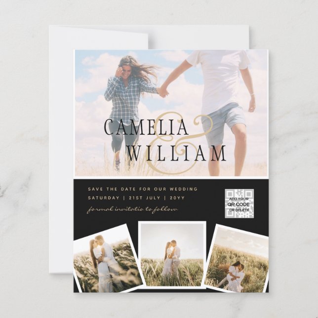 Schwarz-weißes FOTO Hochzeit Einladung QR CODE Ret (Vorderseite)