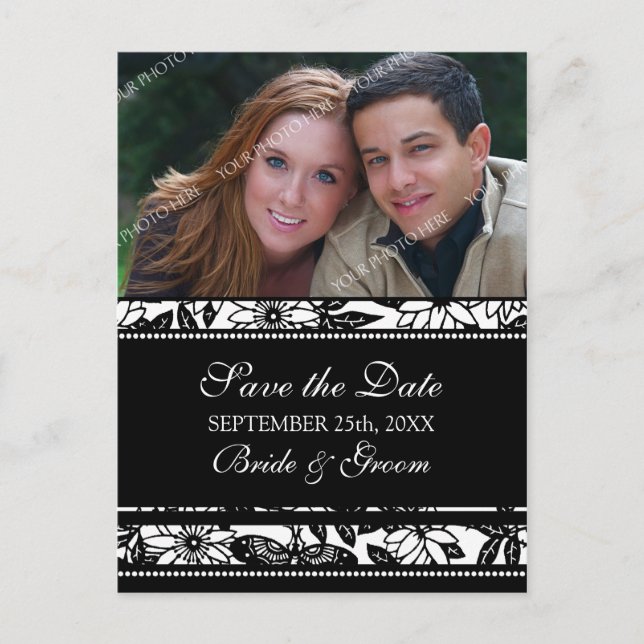 Schwarz-weißes Foto Save the Date Hochzeitkarten Ankündigungspostkarte (Vorderseite)