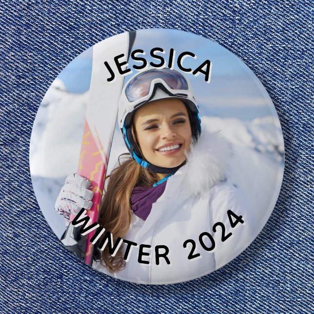 Schwarz-weißes gebogenes Text Familienfoto Button (Black and White Curved Text Family Photo Button)