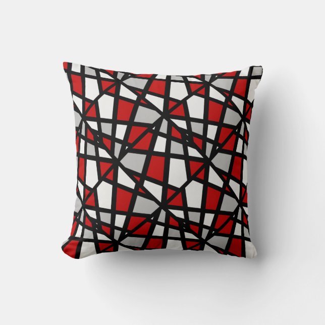 Schwarz-weißes geometrisches Muster in Red Gray Kissen (Vorderseite)