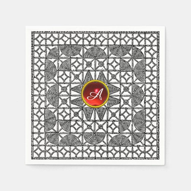 SCHWARZ-WEISSES GEOMETRISCHES ROTES GEM STEINMONOG SERVIETTE (Vorderseite)