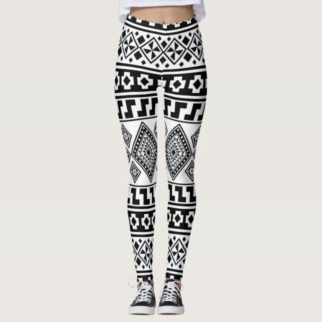 Schwarz-weißes geometrisches Stammmuster Aztec Boh Leggings (Vorderseite)