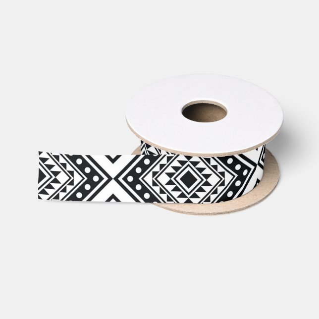 Schwarz-weißes geometrisches Stammmuster Aztec Boh Satinband (Spule)