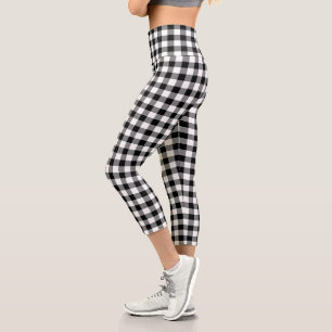 Schwarz-weißes Gingham-Kariertes Muster Capri Leggings