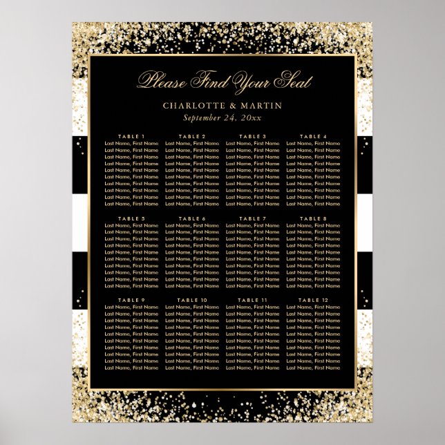Schwarz-weißes Gold Confetti Hochzeitskarte 12 Poster (Vorne)