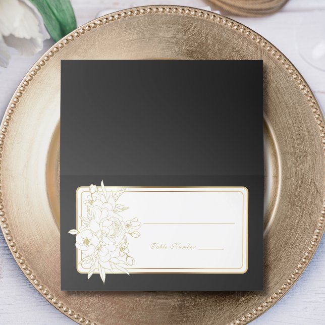 Schwarz-weißes Gold Floral Elegant Traditioneller  Platzkarte (Von Creator hochgeladen)