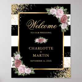 Schwarz-weißes Gold Floral Hochzeitszeichen Poster