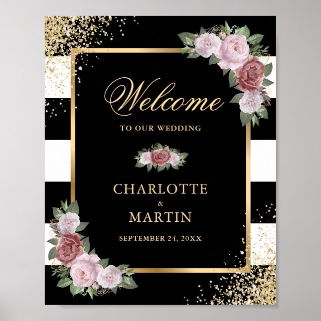 Schwarz-weißes Gold Floral Hochzeitszeichen Poster (Vorne)