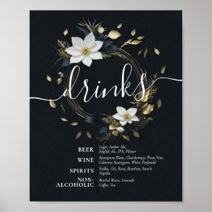 Schwarz-weißes Gold Floral Wreath Wedding Drinks M Poster